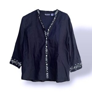 Relativity Linen Embroidered Popover Boho‎ Hippie Top Blouse Black Size M